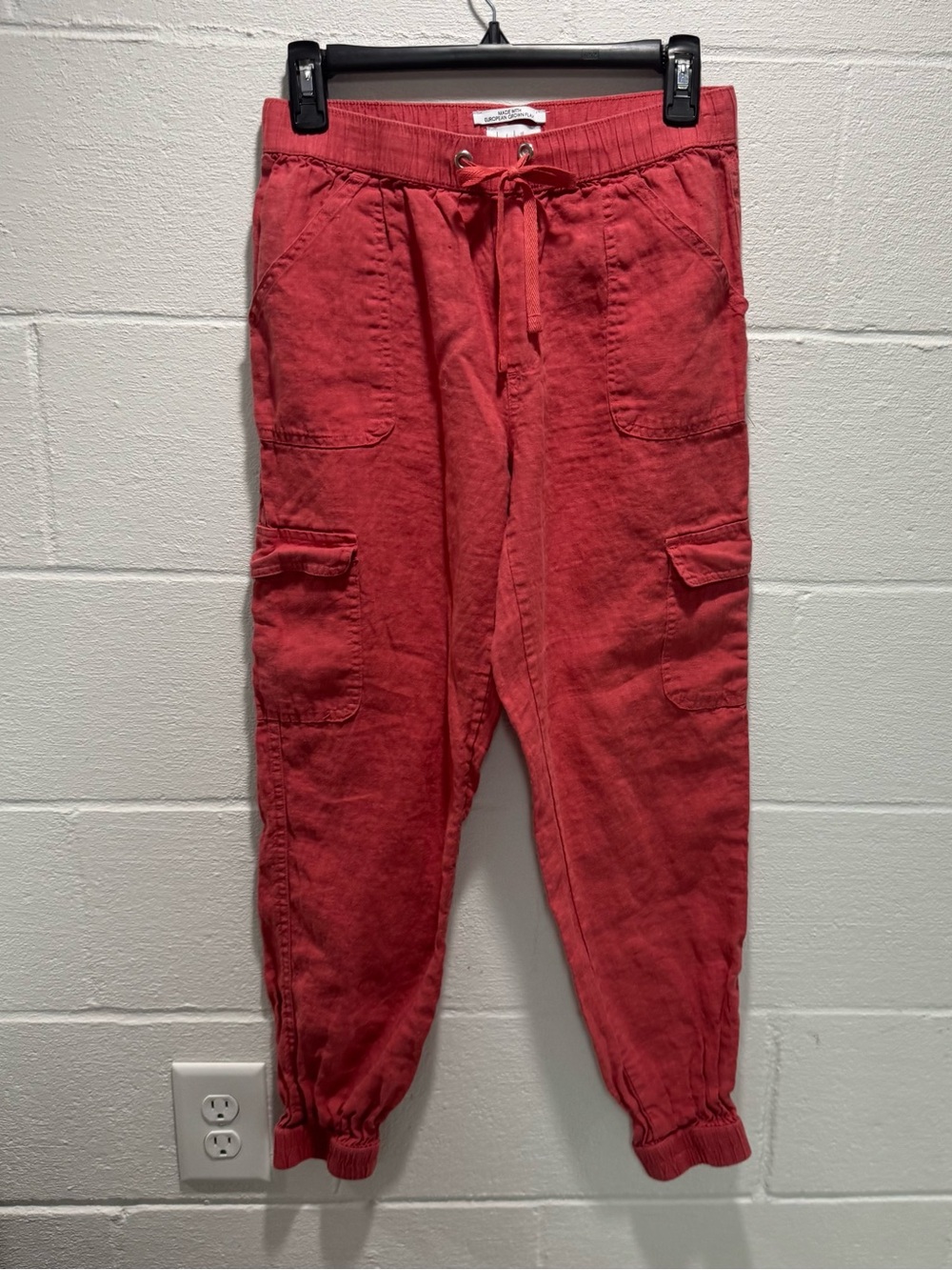 Nicole Miller New York 100% Linen Cargo Jogger Pants Small Coral Pink Drawstring